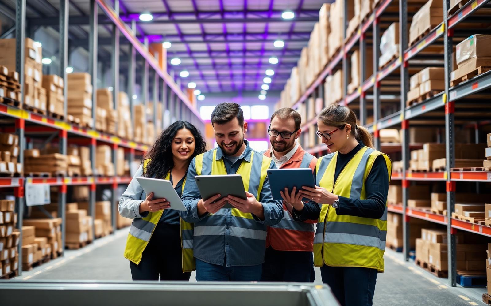 Team collaborating in a modern warehouse